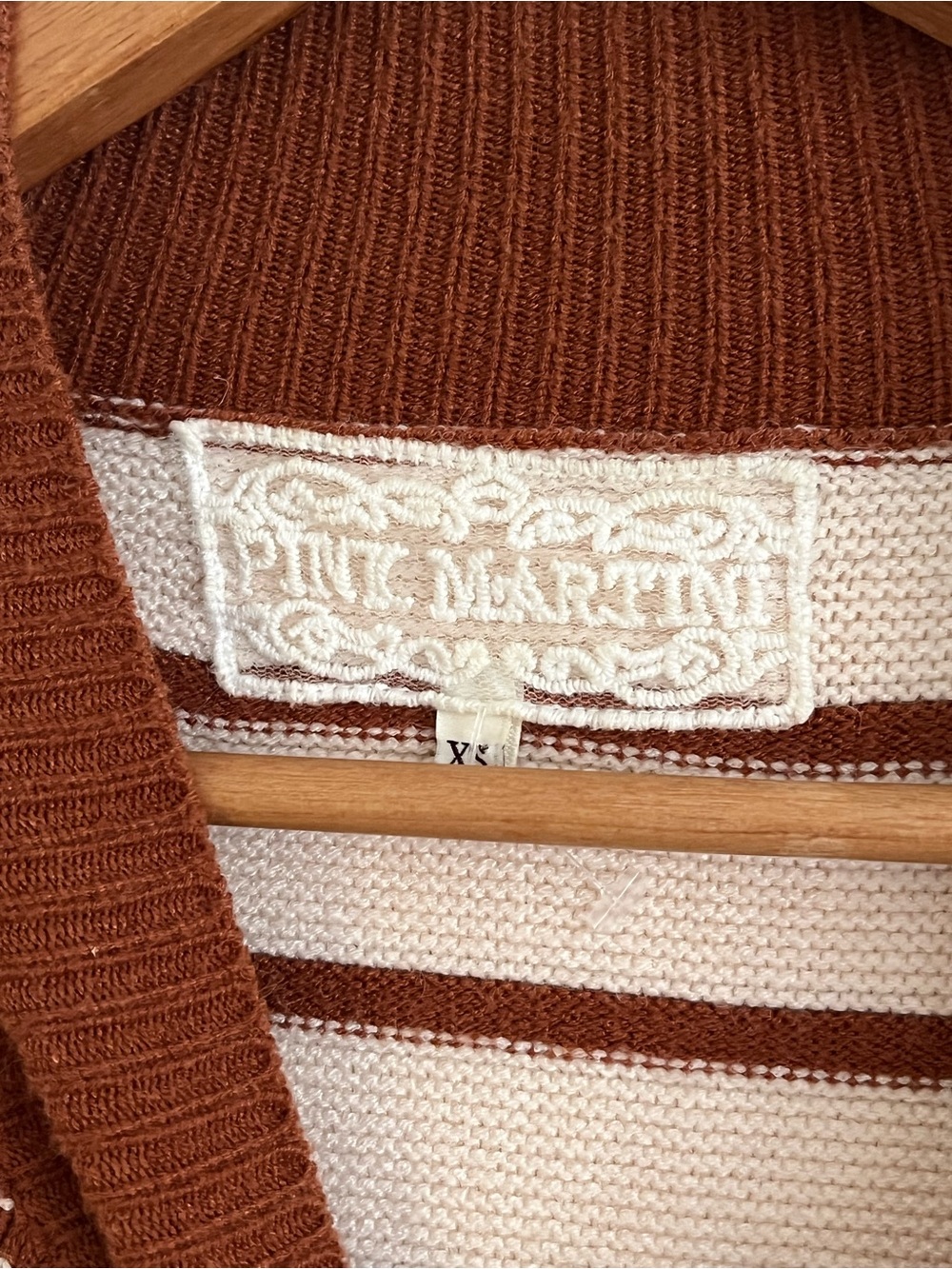 Pink Martini Oversized Burgundy & Cream Striped Knit Sweater XS PTP 21 inch - Picture 6 of 8